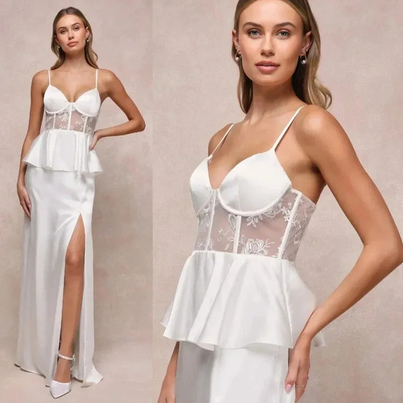 NWOT Lulus Iconic Adoration White Satin Peplum Sheer‎ Bustier Maxi Dress - Picture 1 of 8